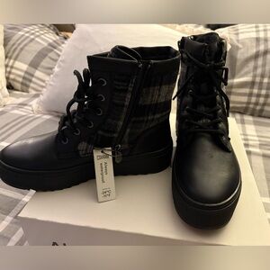 Cougar Black with plaid sides waterproof Combat style Boots